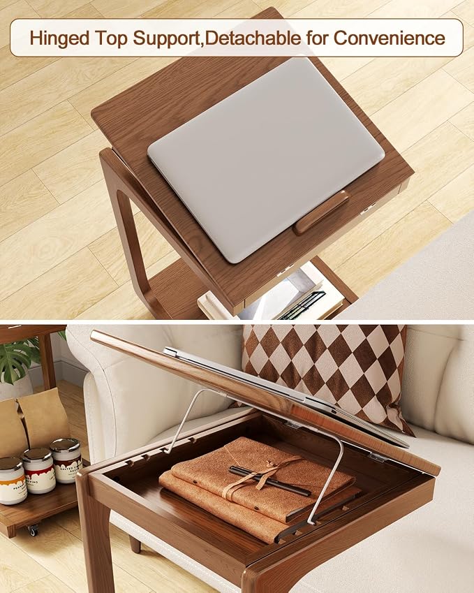 AQIMUELE Wooden C-Shaped End Table,Couch Table with Adjustable Desktop,Small Rolling Side Table with 2 Lockable Wheels,Small End Table for Couch, Living Room,Bedroom (Walnut) - Image 9