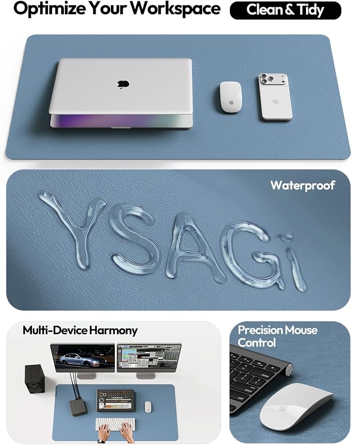 YSAGi Leather Desk Protector, Office Mat, Large Mouse Mat, Non-Slip PU Leather Blotter, Laptop Desk, Waterproof Writing Pad for Office and Home (Blue, 23.6" x 13.8") - Image 8