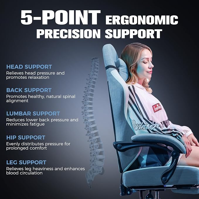 GTPLAYER Gaming Chair, Ergonomic Computer Chair with Footrest and Lumbar Support, High Back Recliner Chair 350lbs, Height Adjustable for Home Office, Light Blue - Image 5