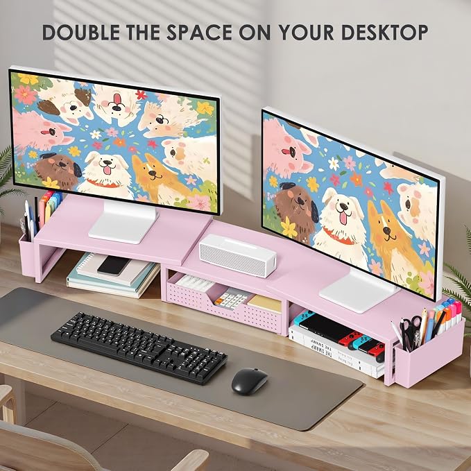 OPNICE Desk Organizers and Accessories, Dual Monitor Stand Riser with Drawer and 2 Pen Holders, Desk Shelf Computer Racks for Office Workspace Organizers, Desktop Organization (Pink) - Image 4