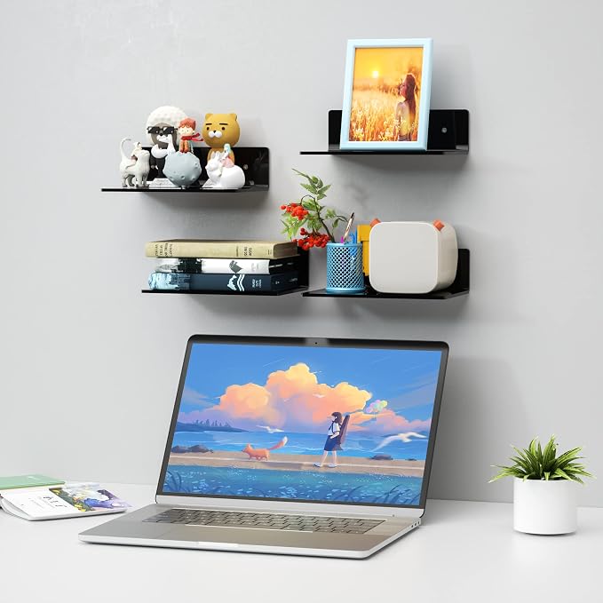 Sezanrpt 9 Inches Acrylic Wall Shelves 2 Pack, Floating Shelf for Wall Mounting, Acrylic Display Ledges for Funko Pop Figures, Home Décor, Living Room, Gaming Room, Plants(9 inch, Black) - Image 2