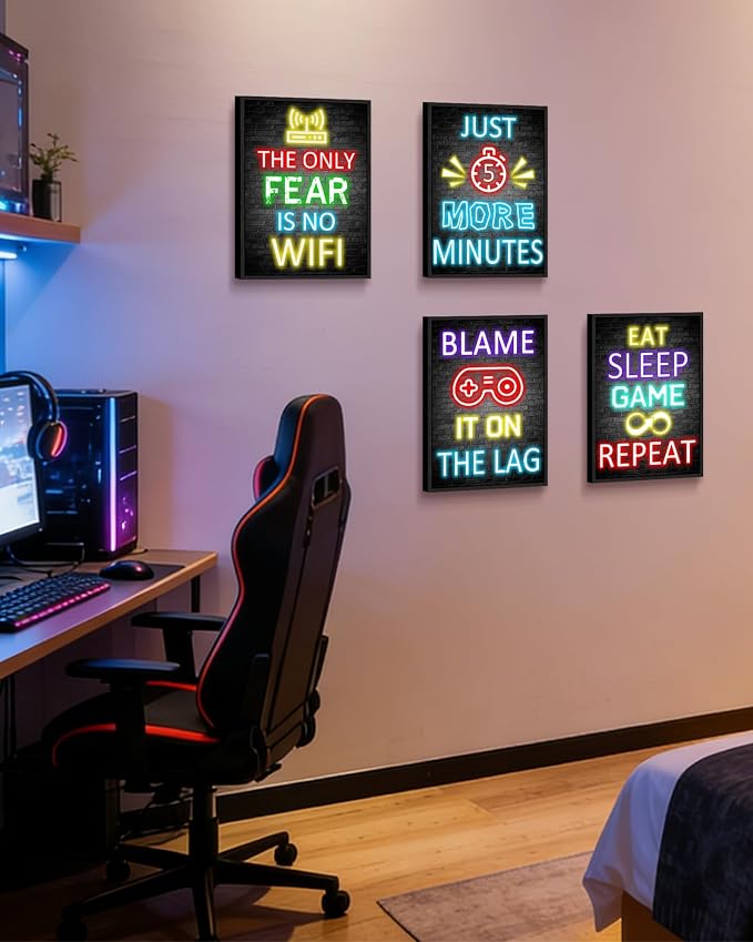 Video Gamer Room Decor for Teen Boys Gaming Wall Art Gamer Neon Sign Teenage Bedroom Decor Ready to Hang Set of 4, 11x14in (Black Framed) - Image 8