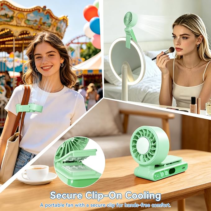 Handheld Portable Turbo Fan with Ice Cooling,5 Speed Rechargeable LED Display Foldable Hand Held Personal Clip/Neck/Waist Fan,180°& 360° Adjustable,Pocket Mini Fan for Outdoor/Home/Office (Green) - Image 4