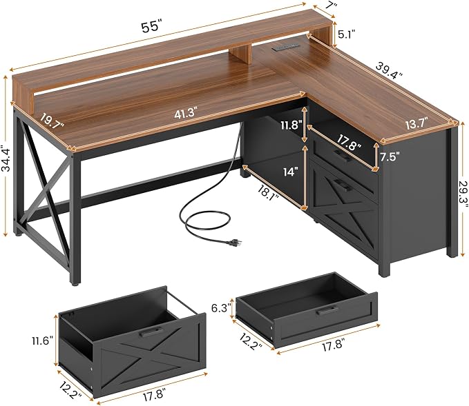 SEDETA L Shaped Gaming Desk with Drawers, 55" Farmhouse Computer Desk with File Drawer and Storage Shelves, Corner Gaming Desk with LED Lights and Monitor Shelf, Black and Brown - Image 2
