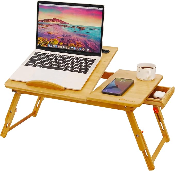 Laptop Desk for Bed, COIWAI Bed Tray,Laptop Lap Desk,Foldable Portable Tray for Sofa Couch Floor, Adjustable Height and Angle, with Tablet Phone Hold Slot,with Storage Drawer by 100NaturalBambooFurniture