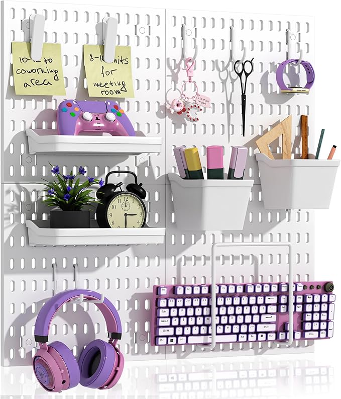 AKTOP Plastic Peg Board Wall Organizer 4-Pack, 12"x12" Pegboard Kit, White | Includes 13 Accessories, Adhesive or Drill Mounting, Superior Load Capacity, Ideal for Office, Gaming Room, Craft Room by Buynow