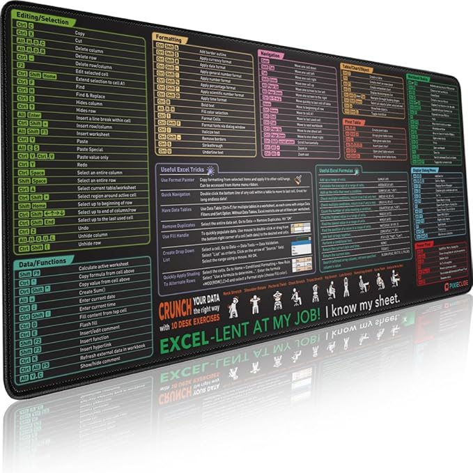 Pixiecube Excel Shortcut Keys Mouse Pad - Extended Large XXL Cheat Sheet Gaming Mousepad | PC Office Spreadsheet Keyboard Mat | Non-Slip Stitched Edge by PIXIECUBE