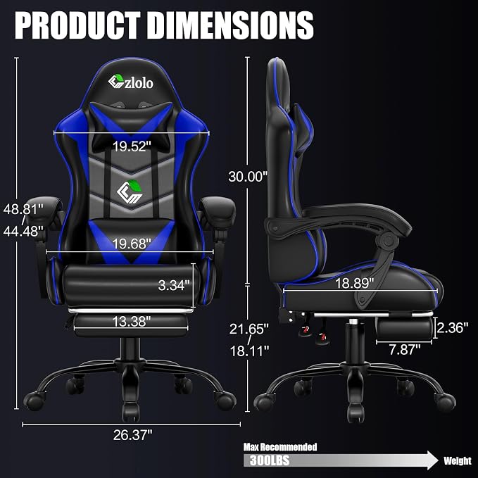Czlolo Gaming Chair with Footrest Racing Style Lumbar Support Massager Video Game Chair with Metal Legs, High Back Reclining Gamer Chair with Headrest, 360° Swivel Office Computer Desk Chair (Blue) - Image 2