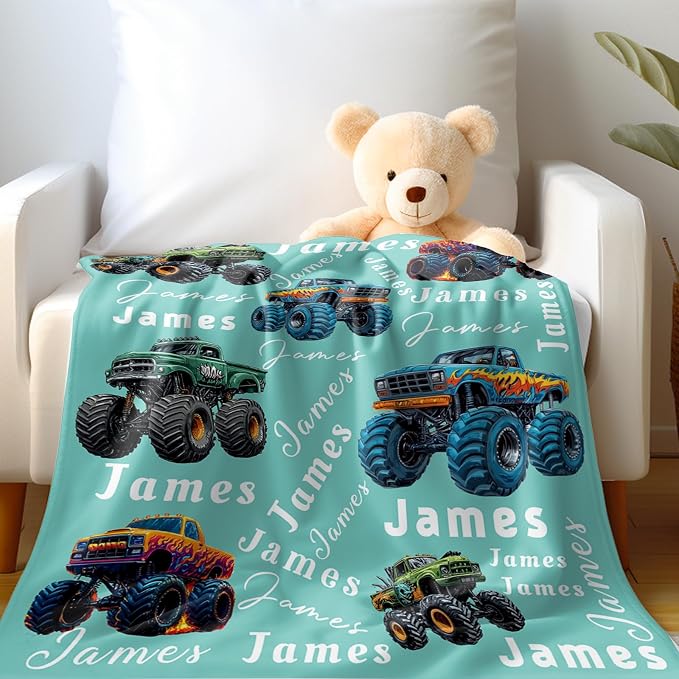 Ship Next Day, Personalized Truck Blanket - Printed in USA, Custom Name Blankets for Kids with Big Off Road Auto Vehicle Graphic, Home Bedding Decor, Fun Birthday Gift for Boys&Girls Women Man - Image 2