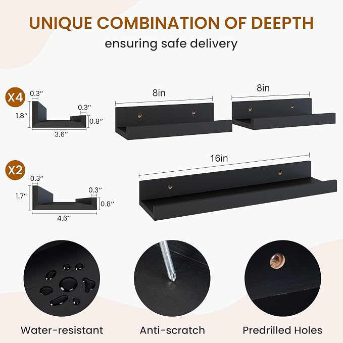 Picture Ledge Shelf, Floating Shelves for Wall Decor, Black, Set of 6, 16'' - Image 3