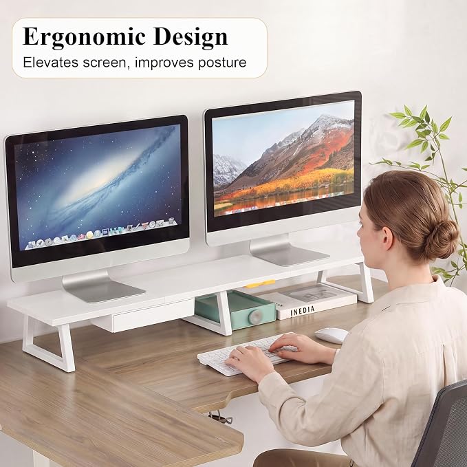 TEAMIX 42 inch Dual Monitor Stand with Storage Drawer & Phone Holder, White | Laptop, PC, Printer, TV Stand Riser, Wood & Steel, Holds 300lbs, Keyboard & PS5 Storage underneath, For Home Office & Gaming - Image 7