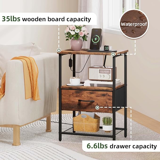 Somdot Nightstand Set of 2 with Charging Station & LED Light, Bedside Table - Image 6