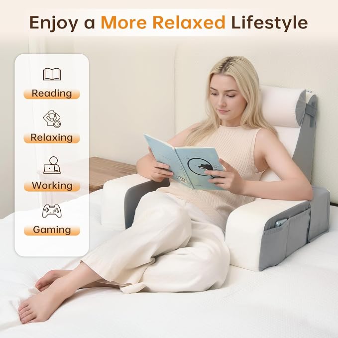 Vekkia 21" Reading Pillow for Bed with XL Side Pockets for Adult | 60° Wedge Back Support, Adjustable Arms,Washable Cover,Support for TV,Gaming,Working,Nursing,Recovery in Bed&Floor,White/Gray - Image 7