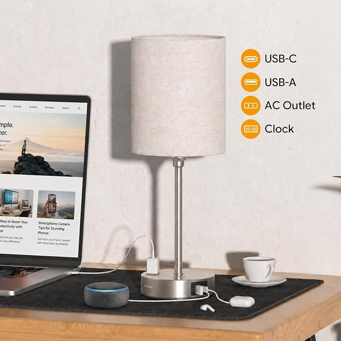 BySea Dimmable Desk Lamp with Clock, Remote, USB Ports, AC Outlet, Nickel - Image 9