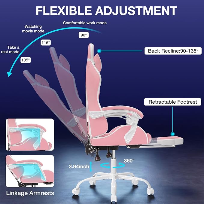 Pink Gaming Chair with RGB LED Lights Massage Computer Chairs for Girls | High Back Video Game Chair with Footrest & Adjustable Lumbar Support Ergonomic Gamer Chairs for Women Racing Style Recline - Image 8