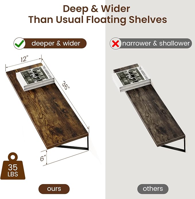 Axeman 12 Inch Deep Floating Shelves for Wall - 36 Inch Wide x 12 Inch Deep Wall Shelves Set of 2 - Rustic Wood Floating Shelves for Living Room - Image 3