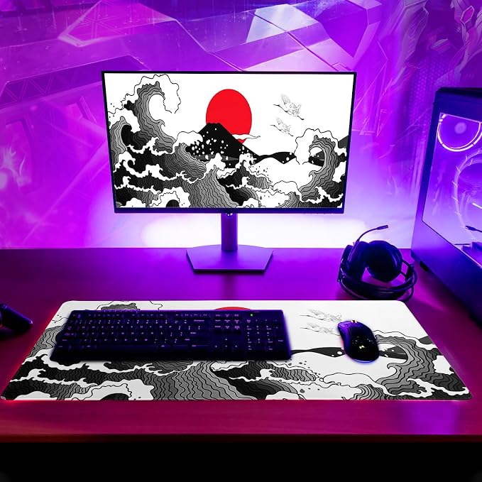Japanese Red and Black Wave Gaming Mouse Pad Extended Large Mouse Mat Desk Pad Sea Texture Non-Slip Rubber Base Wave Mousepad Stitched Edges Keyboard Desk Pad for Office Home Game 27.6x11.8 Inch - Image 6