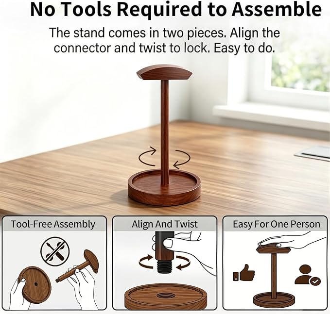 Headphone Stand Nature Wood Headset Hanger Mount Hook Gaming Holder Desktop Earphone Artful Functional Stand for All Headsets with Solid Wooden Base - Image 8