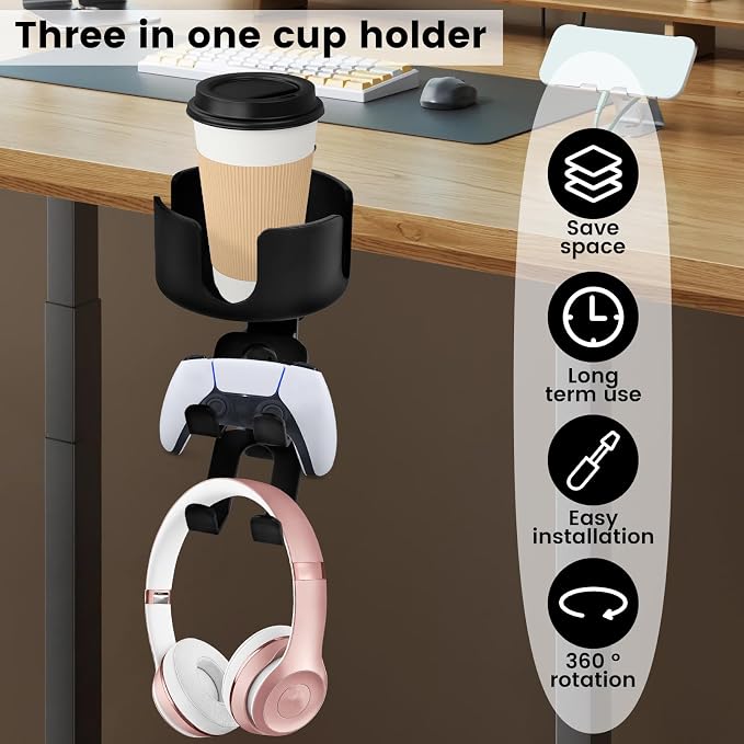 4 in 1 Desk Cup Holder with Headphone Hanger and Controller Stand Gaming Accessories, Under Desk Clamp Rotatable Headset Holder,Adjustable&Rotating Upgraded Arm Clamp,Desk Controller Holder (Black) - Image 3