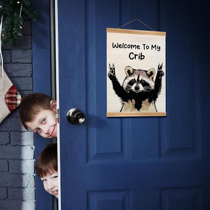 ZTGDA Welcome to My Crib Wall Art,Funny Raccoon Poster Durable Man Cave Wall Decor,Raccoon Canvas Hanging Sign for Entryway, Dorm Room, Nursery or Bedroom Decor (My crib raccoon) - Image 6