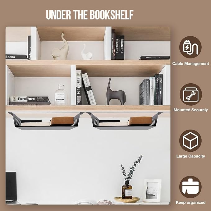 2 Pack Under Desk Shelf-Metal -Black Under Shelf Storage for Office Tables & Workstations（13Inch） - Image 4