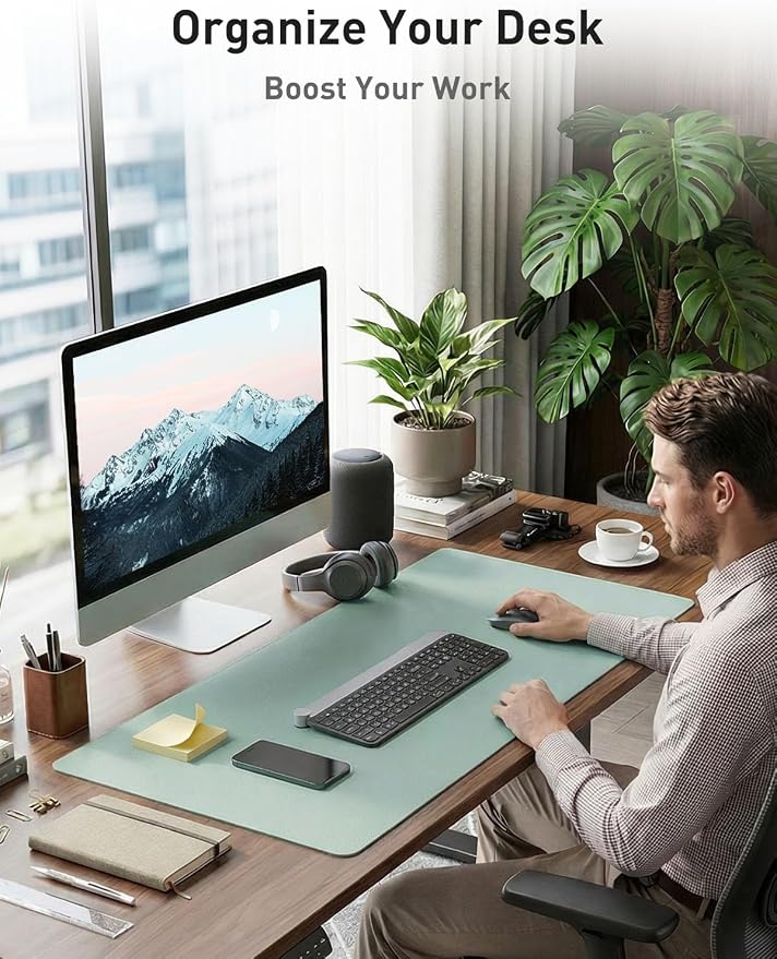 Aothia Faux Leather Desk Mat - Non-Slip PU Leather Desk Blotter, Waterproof Writing Surface, Large Desk Pad for Office & Home (Light Blue, 55" x 24") - Image 3