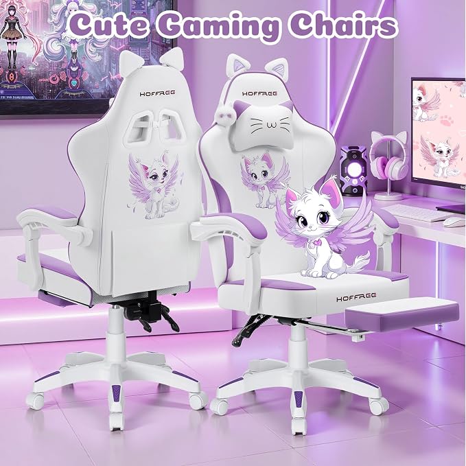 Gaming Chair for Girls Cute Massage Computer Chair with Cat Ears-Purple | Cute Computer Office Chair Ergonomic Reclining Gamer Chair with Footrest Lumbar Support PC Game Chairs for Women Adults - Image 3