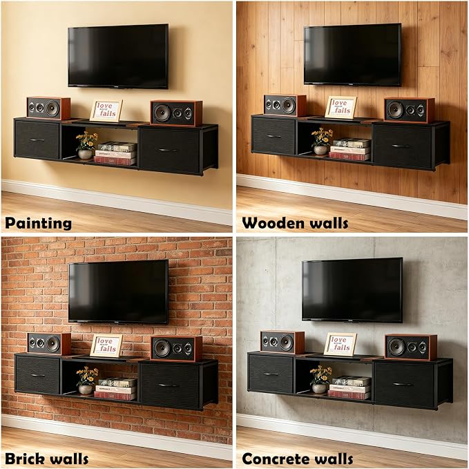 Floating TV Stand with Power Outlet, Wall Mounted Entertainment Center with Drawers, Rustic Brown Industrial Media Console Shelf for Living Room, Bedroom（Black） - Image 6