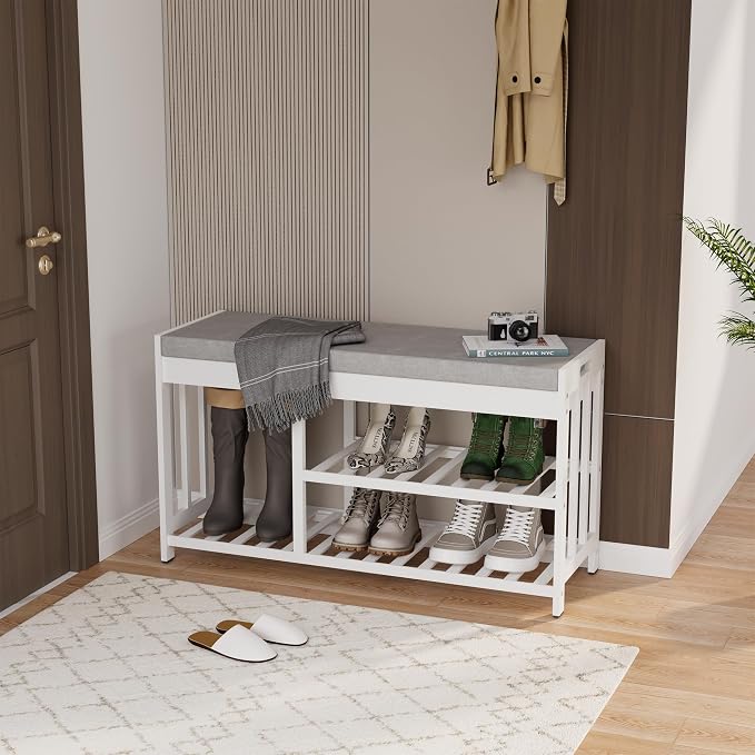 Bamboo Shoe Storage Bench with Cushioned Seat 3-Tier Entryway Shoe Rack by HEALTHYYOU