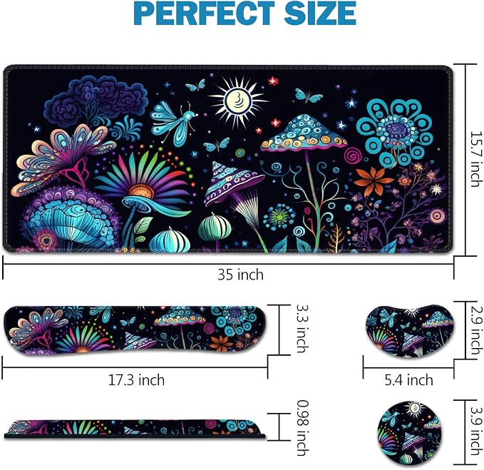 AIMSA Large Gaming Mouse Pad Set, Keyboard Wrist Rest Support+ Extended Mousepad+ Mouse Wrist Cushion+Coaster, Ergonomic Multifunctional Desk Mat 35x15.7in, Colorful Abstract Mushrooms - Image 7