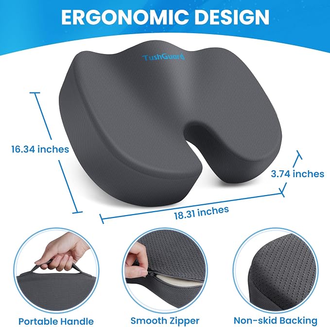 TushGuard Memory Foam Seat Cushion for Office Chair, Car Seat, Gray, XL | Office Chair Cushion for Car, Airplane - Chair Pad for Long Sitting Sciatica, Hip, Coccyx,Tailbone Pain Relief, Butt Pillow - Image 2