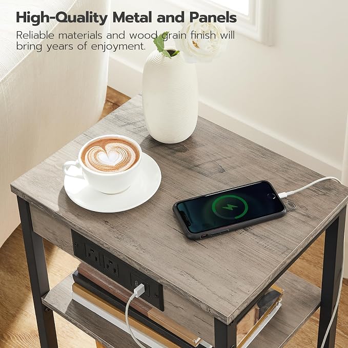HOOBRO Side Tables Set of 2 with Charging Station and USB Port, Small End Tables for Small Space, 3-Tier Nightstands with Adjustable Shelf, for Living Room, Bedroom, Greige and Black BG112BZP201 - Image 7