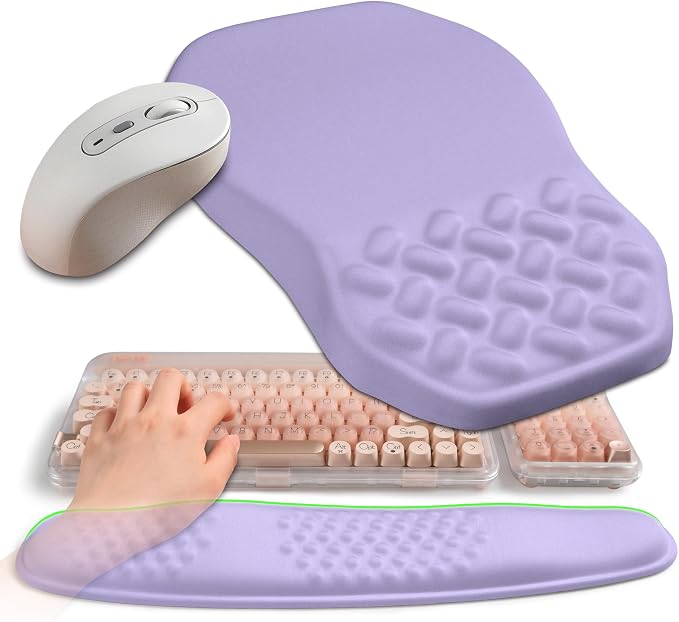 2-in-1 Ergonomic Set, Wave Keyboard Wrist Rest and Massage Slope Mouse Pad Wrist Support, Rebound Memory Foam for Relieve Carpal Tunnel Syndrome and Wrist Pain (Lavender Purple) by Gleamtide
