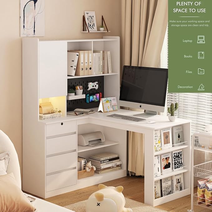 KEIKI L Shaped Home Office Desks with LED Light, Pegboard, Hutch, Drawers, Bookshelf & Storage Shelves, Modern Wooden Gaming Computer Corner Table for Work, Study, Writing - Image 7