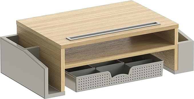 Simple Houseware Desk Monitor Stand Riser w/ Adjustable Tray, Oak | Built-In Tablet Slot and Side Storage - Image 6