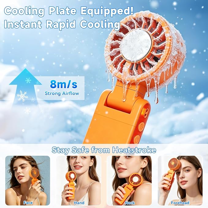 Handheld Portable Turbo Fan with Ice Cooling,5 Speed Rechargeable LED Display Foldable Hand Held Personal Clip/Neck/Waist Fan,180°& 360° Adjustable,Pocket Mini Fan for Outdoor/Home/Office (Orange) - Image 2
