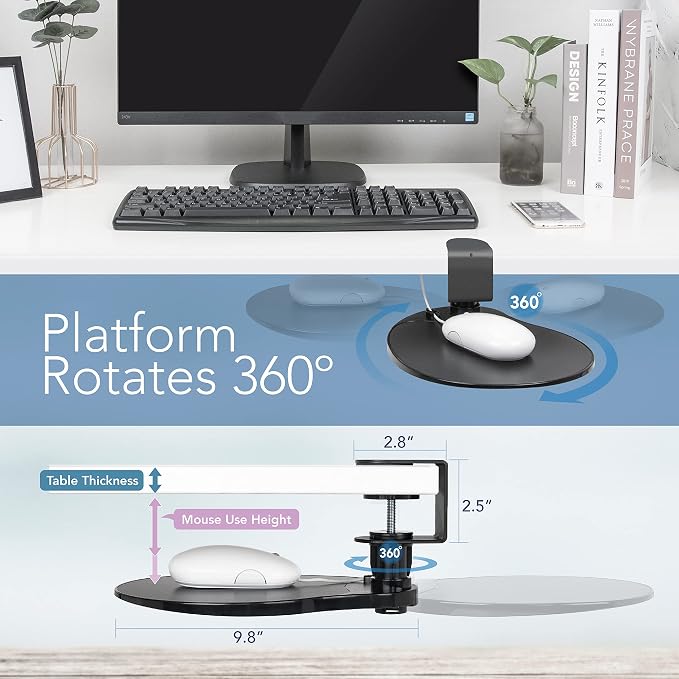 EHO Clamp-On Under Desk Mouse Tray, 360° Swivel Ergonomic Platform with Cable Organizer, Smooth Glide Surface for Gaming or Office, Fits Desks 0.5"-1.5" Thick, Tool-Free Install, TAA-Compliant - Image 3