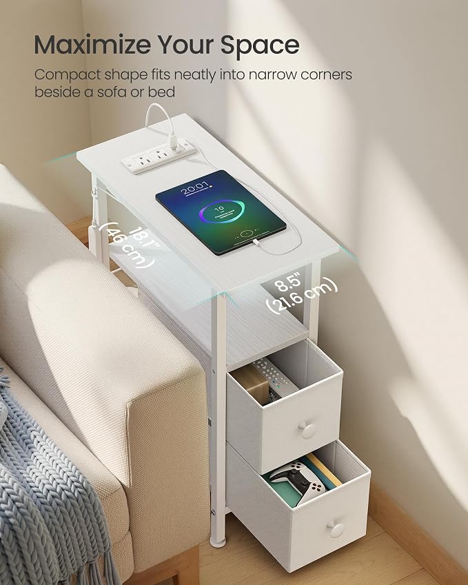 SONGMICS Side Table with LED Light, Narrow End Table with 2 Fabric Drawers - Image 4