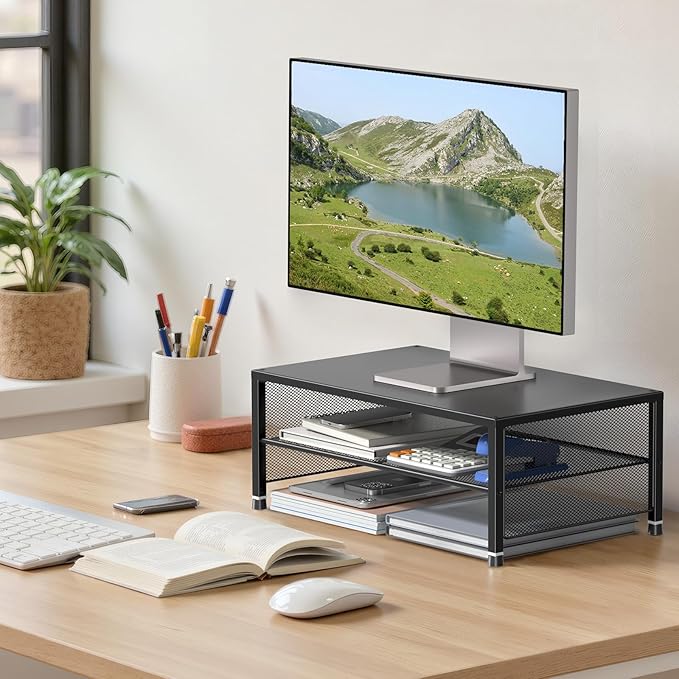 ECOLOVI 2-Tier Computer Monitor Stand Riser, Printer & Laptop Stand, Office Desk Accessories, Workspace Desk Organizer for Home Office Supplies, Black 2-Pack - Image 3
