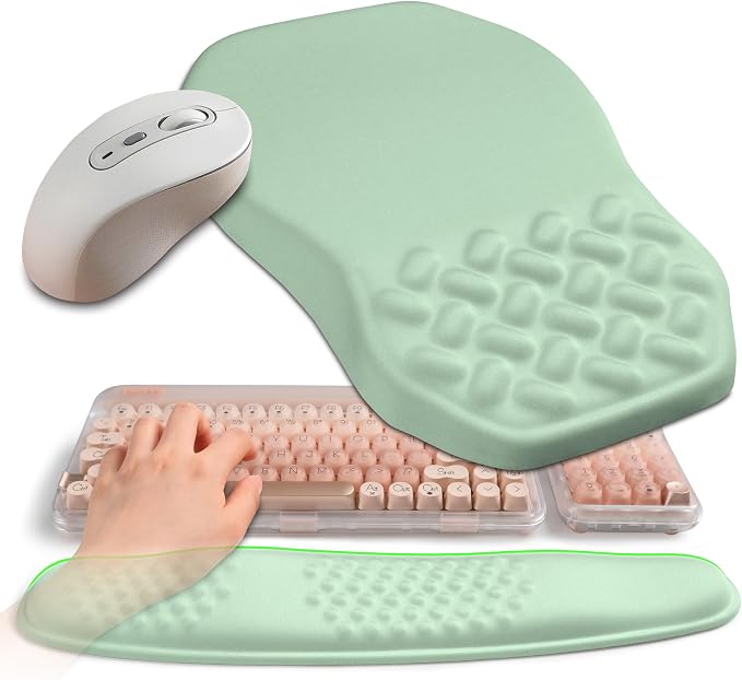 2-in-1 Ergonomic Set, Wave Keyboard Wrist Rest and Massage Slope Mouse Pad Wrist Support, Rebound Memory Foam for Relieve Carpal Tunnel Syndrome and Wrist Pain (Light Green) by Gleamtide