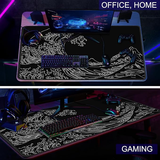 Large Gaming Mouse Pad, XXL Extended Keyboard Mouse Mat with Stitched Edges | 31.5" x 15.7" Non-Slip Waterproof Rubber Base Long Mousepad for Work, Game, Office, Home, Waves Line - Image 7