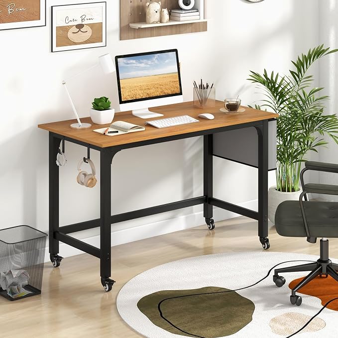 COSTWAY 48” Mobile Computer Desk, Home Office Desk on Wheels, Simple Study Writing Table with 4 Lockable Wheels, Metal Frame, Rolling Laptop PC Table for Small Space (Natural) - Image 2