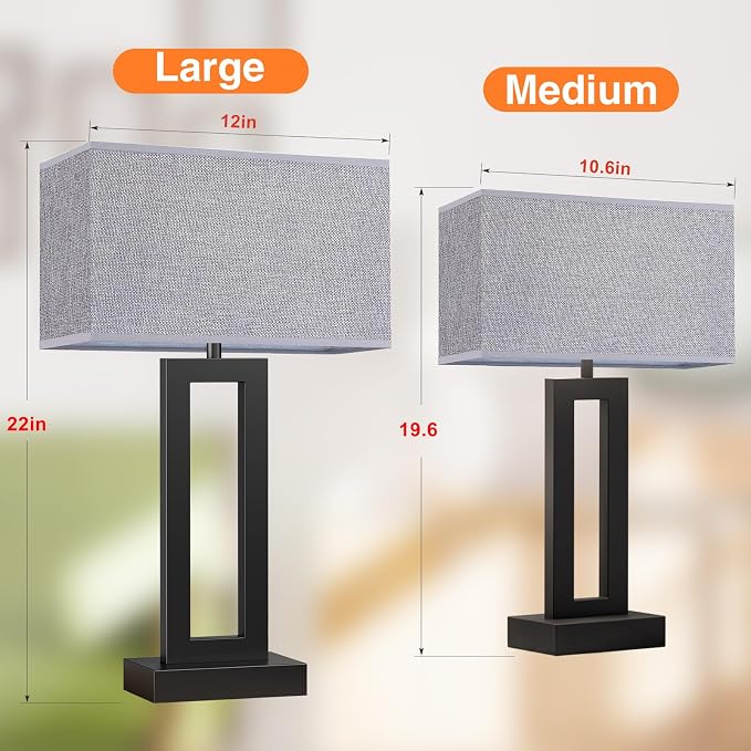 Seealle 22" Tall Living Room Lamps for Night Stands - Touch Bedside Lamp with USB C+A, 3 Way Dimmable Bedroom Lamps for End Tables Set of 2, Modern Night Stand Lamps for Bed Side(Grey&Black) - Image 2