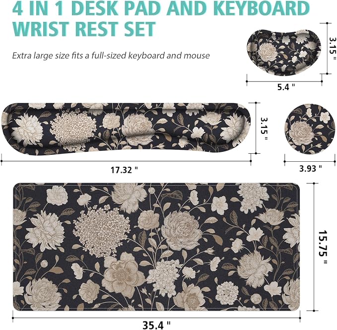 Floral Large Mouse Pad with Wrist Support Set of 4,Large Gaming Mouse Pad+Keyboard Rest+Mouse Wrist Rest+Coaster,Ergonomic Mouse mat,Anti-Slip,Memory Foam Desk Mat for Home Office Gaming (Rose) - Image 2