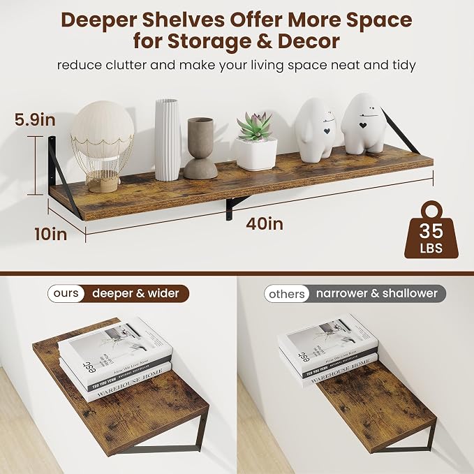Axeman Deep Floating Shelves, 40'' x 10'' Brown Wall Shelves Set of 2 - Image 3