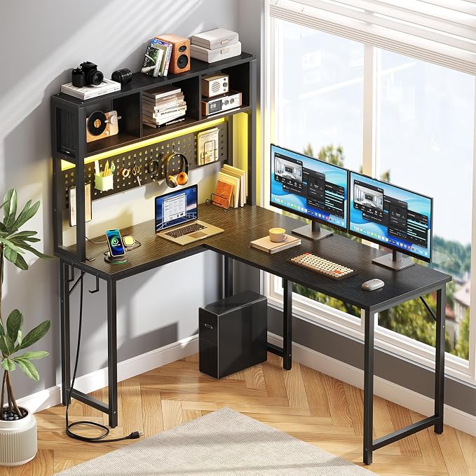 Small Black L Shaped Gaming Desk with Hutch , 47 Inch Corner Gaming Desk with Storage Shelves for Bedroom Small Space, Reversible L-Shaped Computer PC Desks with Pegboard LED Light for Kids Boys Girls - Image 6
