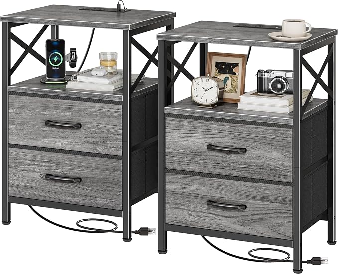 Huuger Nightstand Set of 2 with Charging Station, USB-C Port, End Tables by Huuger