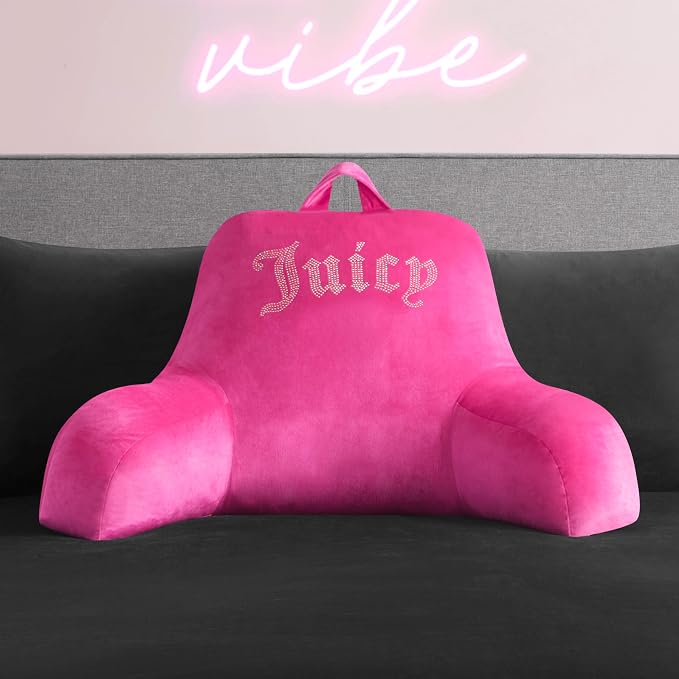 Juicy Couture Velour Backrest Pillow with Rhinestone Juicy Logo - 30"x17", Hot Pink Supportive Bed Rest Pillow for Reading, Gaming, or Relaxing - Image 2