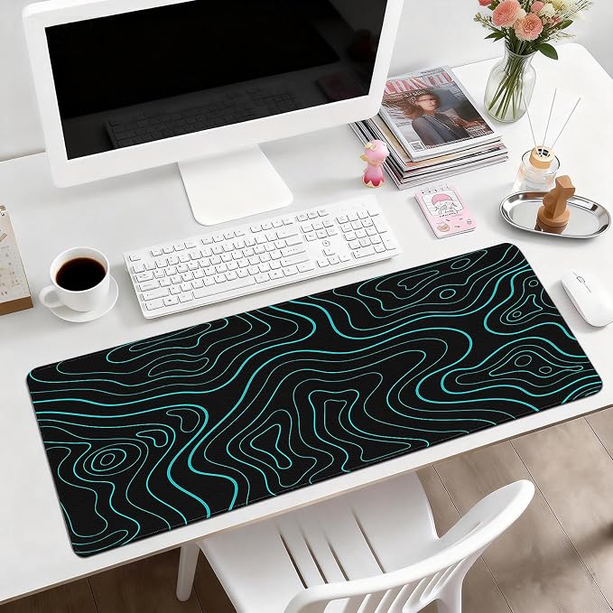 Gaming Desk Mat with Silky Smooth Surface & Exquisite Patterns,31.5x11.8 Inches Large-Sized Mouse Pad, Perfect for Extended Gaming,Work,and Home Office Decor (Blue Topographic Lines) - Image 2