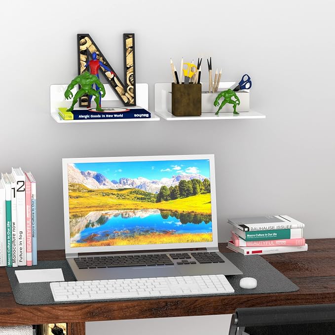 Sezanrpt 9 Inches Acrylic Wall Shelves 2 Pack, Floating Shelf for Wall Mounting, Acrylic Display Ledges for Funko Pop Figures, Home Décor, Living Room, Gaming Room, Plants(9 inch, White) - Image 6